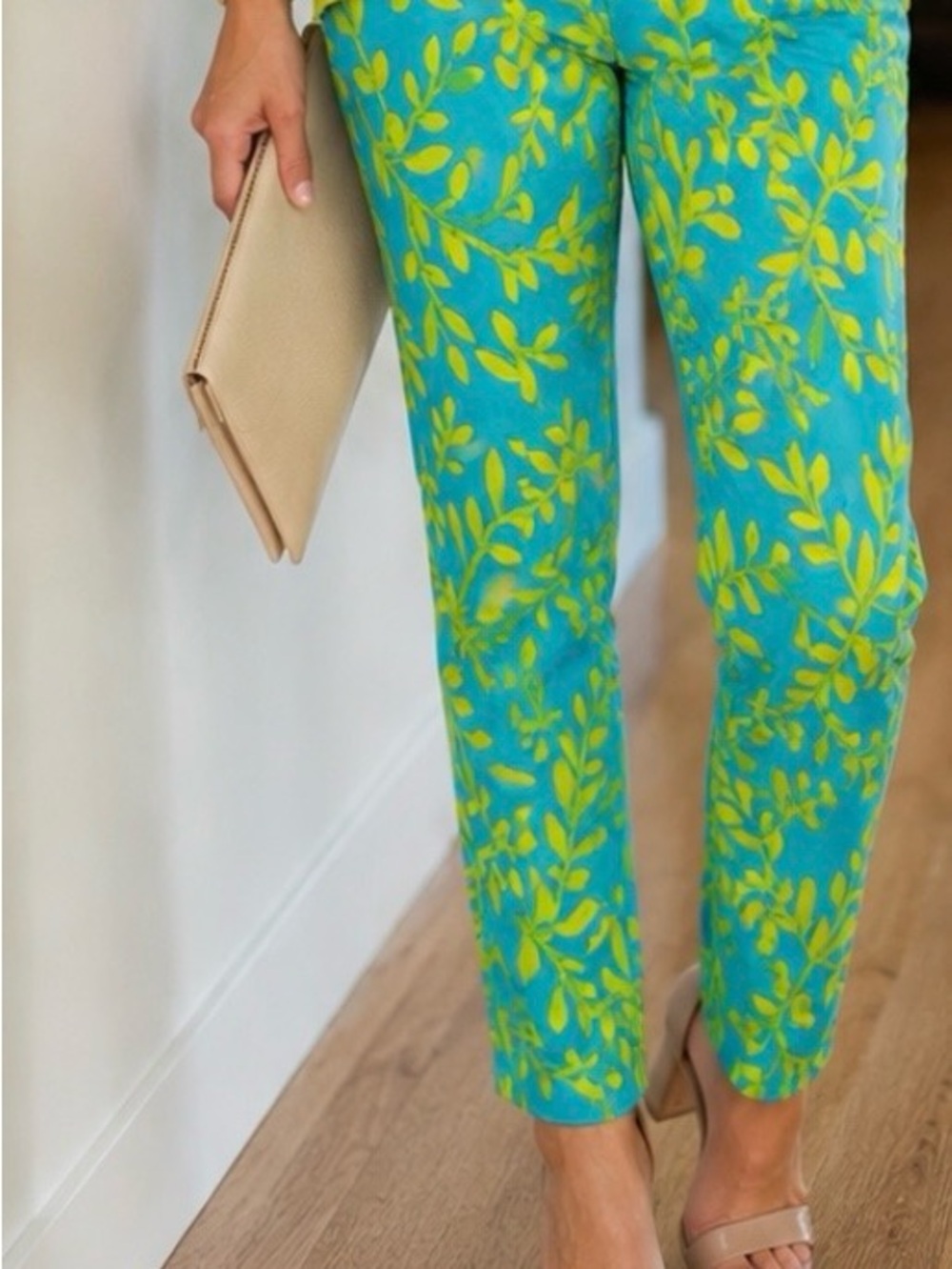 Gretchen Scott Designs Teal Pants with Lime Leaf Print